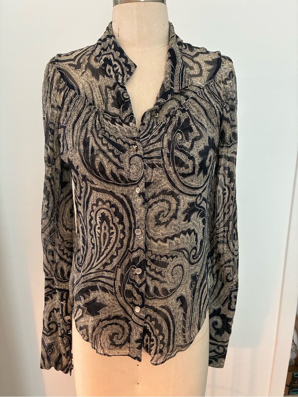 Womens Blue & Cream Paisley Sheer Silk Blouse